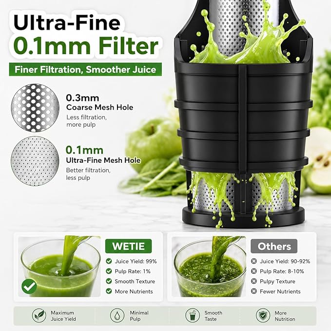 WETIE Cold Press Juicer, Powerful Juicer Machines with Adjustable Juicing Pressure, 99% High Juice Yield, Quiet Slow Masticating Juicer with Touch Screen, 3.54'' Feed Chute, Easy to Clean with Brush