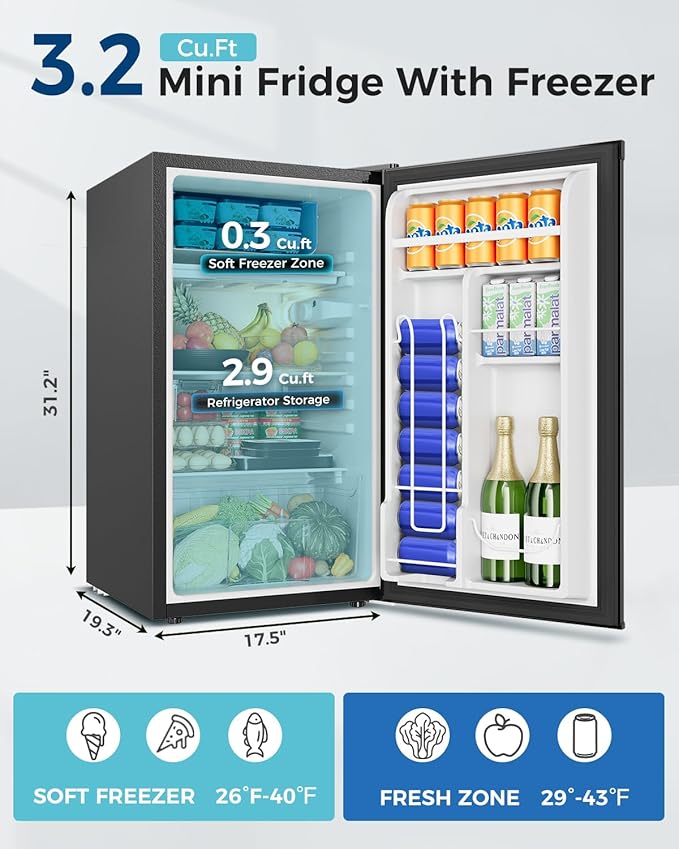 Feelfunn Mini Fridge with Freezer - 3.2 Cu.Ft Single Door Mini Refrigerator with Adjustable Thermostat, Low Noise, Energy Saving, Small Fridge for Bedroom, Apartment, Dorm, Classroom, Office - Silver