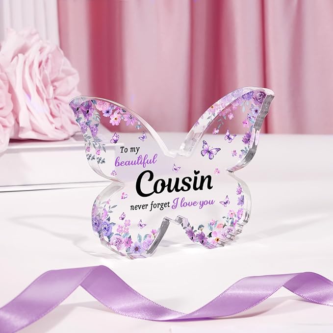 Cousin Gifts for Women, Unique Purple Butterfly Acrylic Plaque Desk Decor, Mothers Day Christmas Birthday Gift for Cousin female - 5 x 3.8 x 0.5 inches