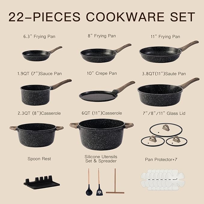 Pots and Pans Set Nonstick 22 Pcs, Ceramic cookware set Non-Toxic Coating Inky Granite Kitchen Cookware Set, Induction Kitchen Cooking Set w/Frying Pans, Saucepans & Glass Lids, PFOS & PFOA Free