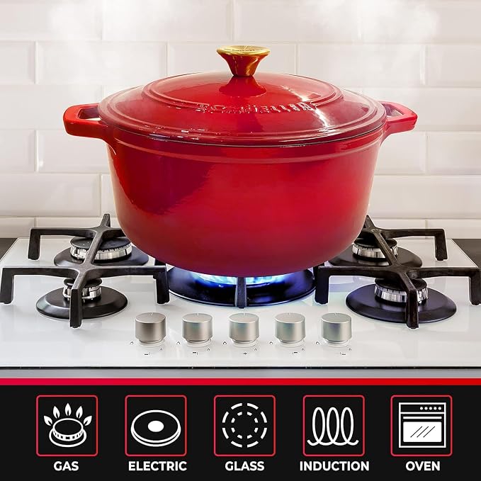 MUELLER HOME 4.5 QT Enameled Cast Iron Dutch Oven, Heavy-Duty Casserole Dish and Braiser Pan with Lid and Stainless Knob, Oven-Safe up to 500° F & Across All Cooktops, Red | Casserole Dish and Braiser Pan, Lid with Stainless Knob, Oven-Safe up to 500° ...