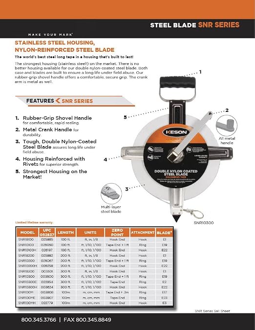 Keson SNR100M Nylon-Reinforced Steel Blade Tape Measure with Stainless Steel Housing, Zero Point at Tape End + .3-Meters and Ring End (Graduations: m, cm, mm), 100-Meter