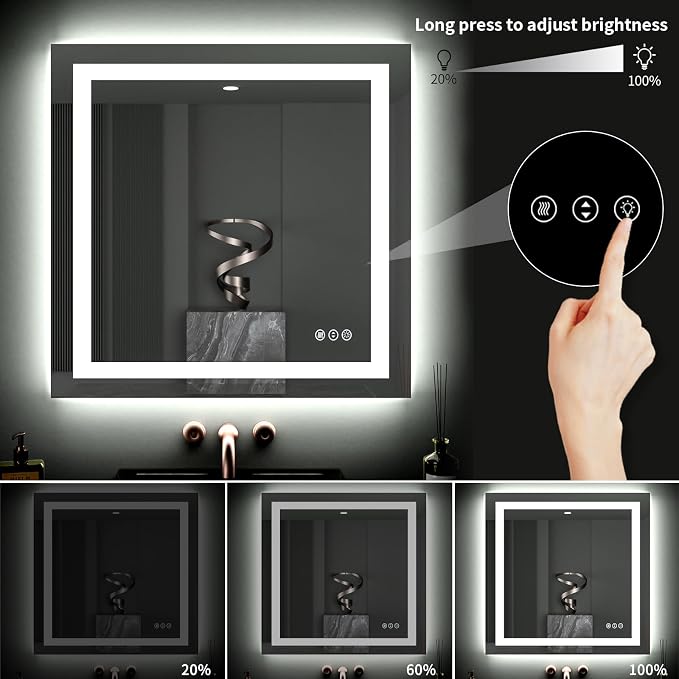 LOAAO 40"X38" LED Bathroom Mirror with Lights, Anti-Fog, Dimmable, Backlit + Front Lit, Lighted Bathroom Vanity Mirror for Wall, Memory Function, Tempered Glass, ETL Listed