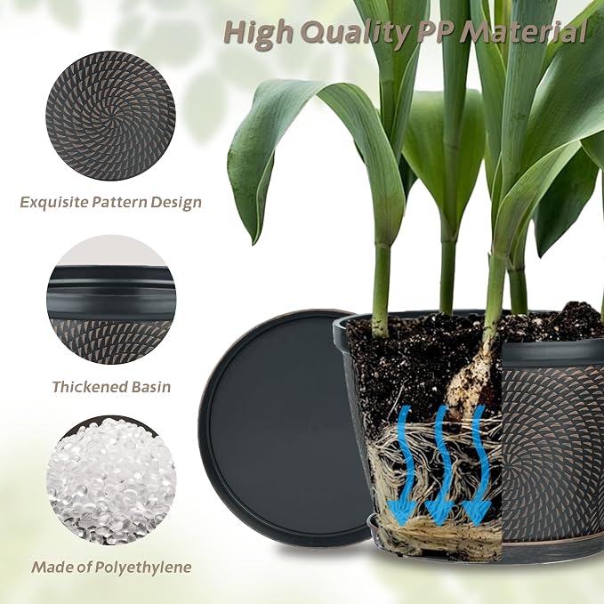 Quarut 10 Inch Flower Pots,3 Pack Planters for Outdoor Indoor | Plastic Plant Pots with Drainage Hole & Tray, Modern Decorative Garden Pot with Saucer, planters for House (Drak Bown)