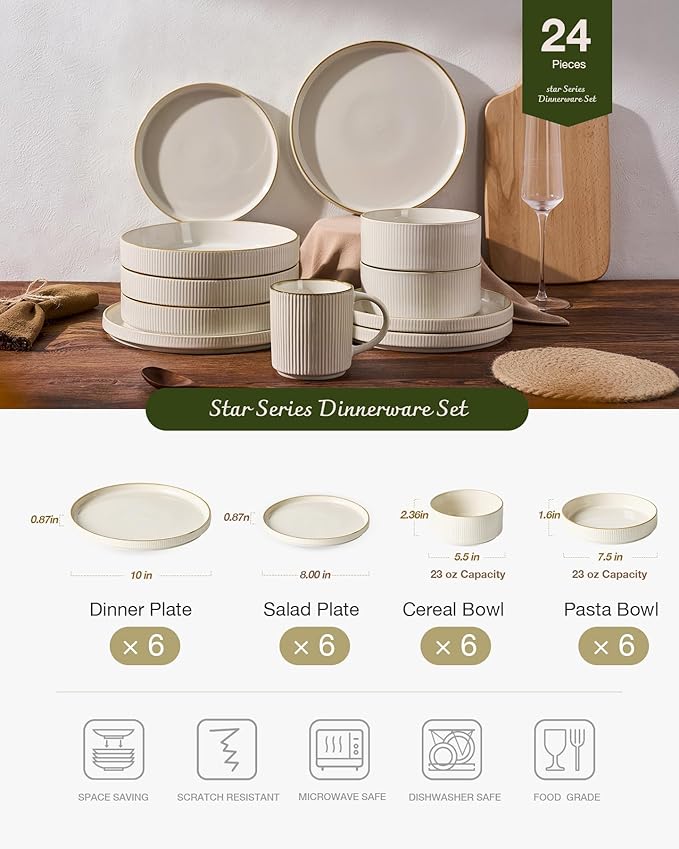 Famiware Star 24-Piece Stoneware Dinnerware Set with Trim, Service for 6 - Shallow Pasta Bowls & Flat Plates, Dishes for Everyday & Formal Use, Chip/Scratch Resistant, Microwave/Dishwasher Safe, White