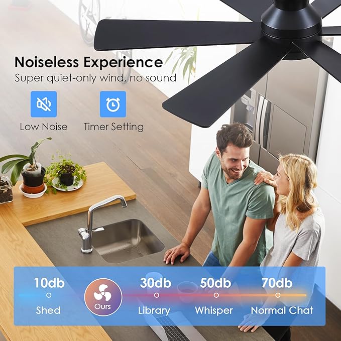 Asyko 46" Brown Low Profile Ceiling Fans with Lights and Remote, Modern Indoor Ceiling Fan Light with Quiet Reversible DC Motor, Flush Mount Ceiling Fans with Dimmable LED for Bedroom Kitchen