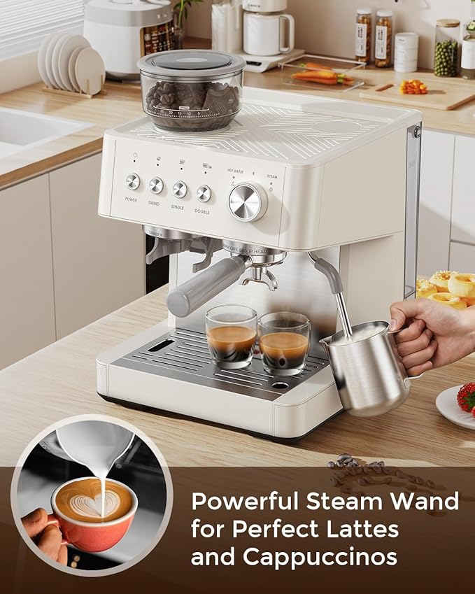 Espresso Machine with Grinder, 15 Bar Expresso Coffee Machines, Professional Coffee Maker for Latte & Cappuccino with Milk Frother, Expresso Machines for Home, Removable Water Tank, Steam Wand-Classic