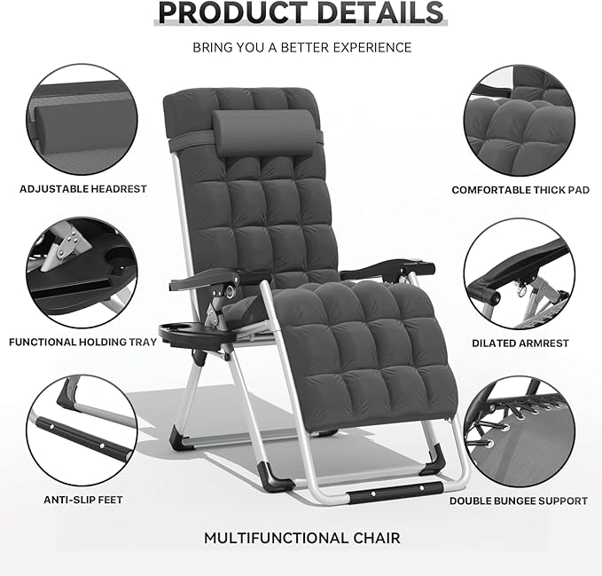 Zero Gravity Chair, Portable Outdoor Chair, Reclining Patio Lounge Chair with Adjustable Pillow and Cup Holder Trays for Outdoor, Patio, Beach, Camping, Garden, Poolside, Gray