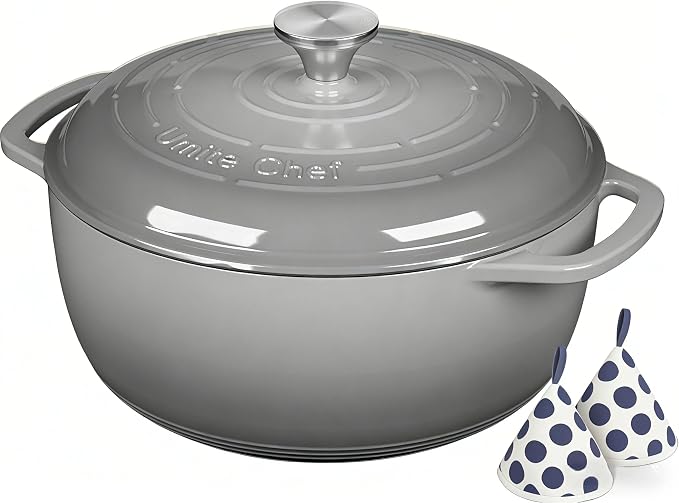 Enameled Cast Iron Dutch Oven - Umite Chef 6QT Pot with Lid & Cotton Potholders - Dual Handles -Versatile Heavy Duty Cookware for Bread Baking, Braising, Stews, Roasting(Grey）