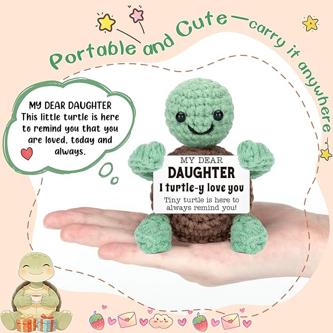 Mini Funny Turtle Mothers Day Daughter Gifts from Mom Dad, Birthday Gifts for Adults Daughter in Law Bonus Step Teen Girls, I Love You Small Cute Stuff Things, Handmade Emotional Crochet Turtle