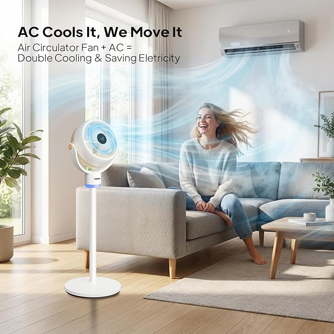 ROVSUN 3-in-1 Standing Fan for Bedroom, 40" Pedestal & Tabletop Fan, 120°+90°Omni-directional Oscillating Fan with Remote, Mood Lighting, 3 Speeds, 12H Timer and Adjustable Height, White 110V 40W