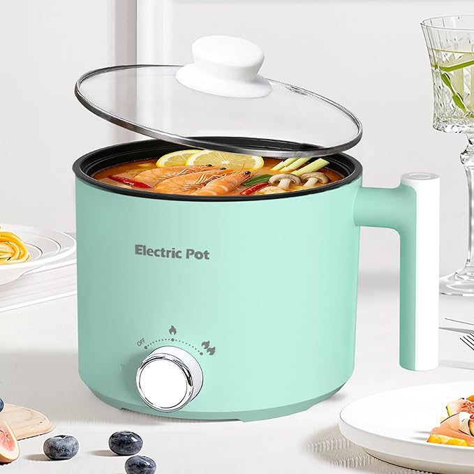 Electric Hot Pot :1.5L Mini Ramen Cooker with Overheat & Boil-Dry Protection, Suitable for Noodles, Soup, Oatmeal, College Dorm Office Travel Essentials (Green, 1.5L)