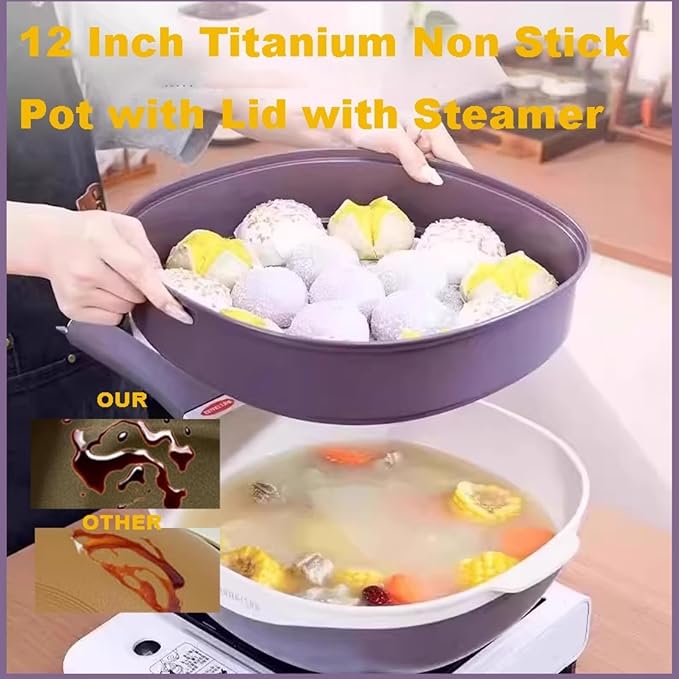 2026 Upgrade Titanium Pot 12in Titanium Alloy Non-Stick Pot with Lid with Steamer Titanium Frying Pans Nonstick Titanium Pots And Pans, Nonstick Frying Pan Cookware Sets, Deep Saute Pan (Red, 12in)