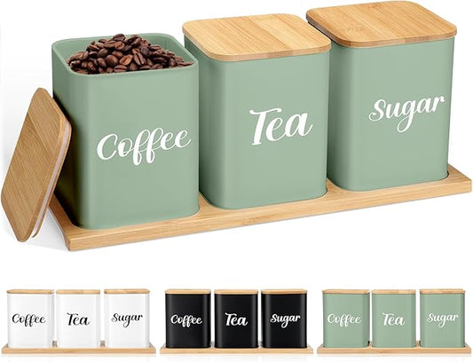 Tioncy Coffee Tea Sugar Container with Tray Set of 3 Airtight Metal Canister with Bamboo Lid Tray for Kitchen Counter Dining Room Farm House Kitchen Style Drink Station Organizer Set (Sage Green)