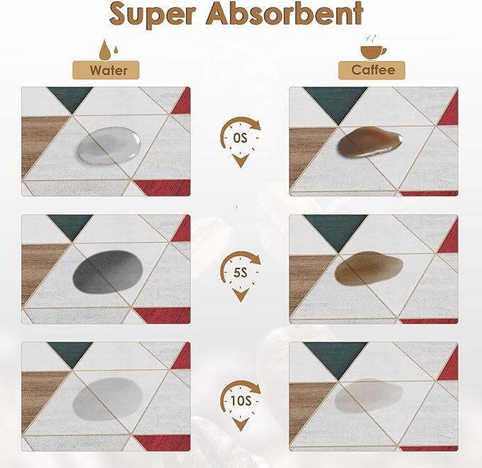 Arttown Coffee Mat for Countertops, Minimalist Modern Geometric Patchwork Red Dish Drying Mat 2 Pcs for Kitchen Bar Accessories, Coffee Maker Espresso Machine Dish Rack Hide Stain Rubber 12x19in