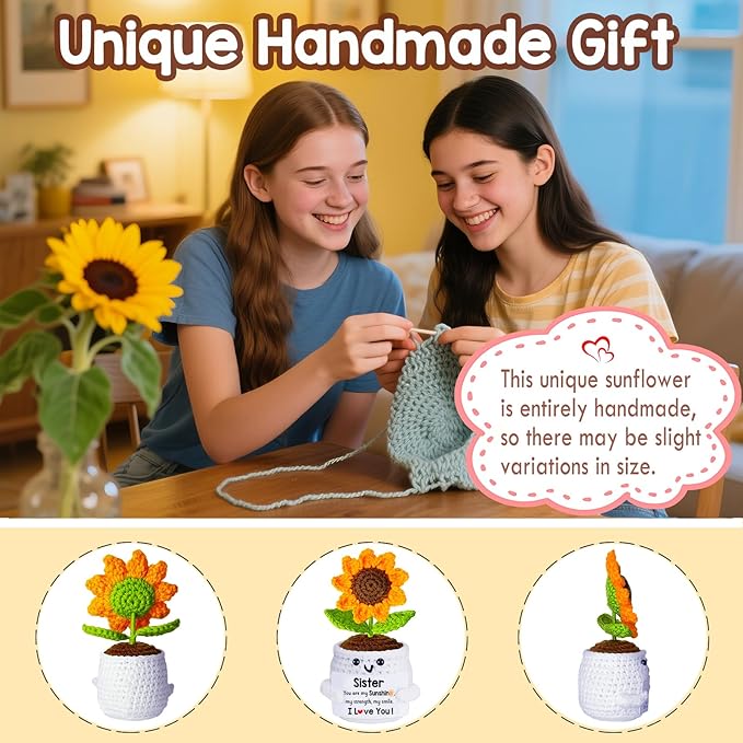 Qunland Gifts for Sister, Galentines Birthday Mothers Day Sister Gifts for Women from Sisters Brother, Handmade Emotional Crochet Cute Sunflower Doll Soul Gift for Sisters in Law BFF Bestie Presents