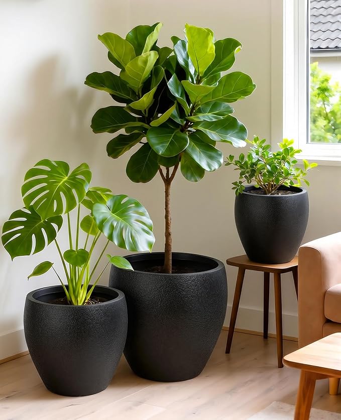 homenote Flower Pots 14.5/12/9.6 Inch,Large Plant Pots Indoor with Drainage,Plastic Pots for Plants,Garden Pots for Outdoor,Large Planters for Indoor Plants,Big Plastic Planter,Off-Black(3 Pcs)