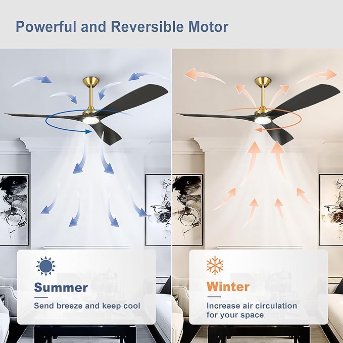 60 Ceiling Fan with Light: Black and Gold Ceiling Fans Reversible 3 Blades 5 Speeds - Modern Ceiling Fan with Remote for Indoor Living Room Bedroom