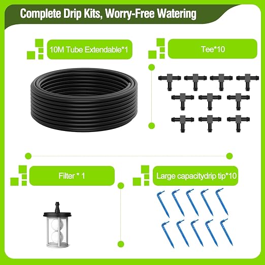 Automatic Drip Irrigation System Kit for Potted Plants | 33ft Hose DIY Plant Watering Expansion Parts with Filter, 10 Drippers & Tee Connectors for Indoor Outdoor Garden Patio