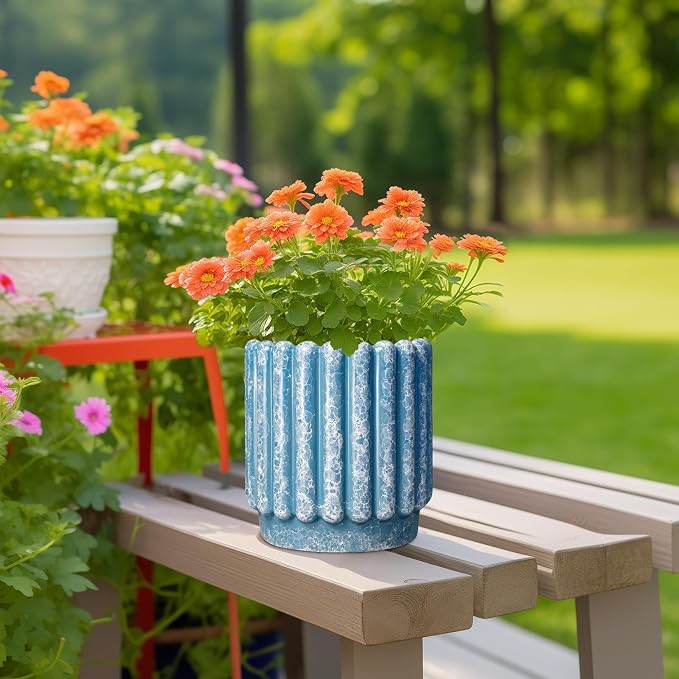 Ceramicfor Ceramic Planter, 7.6 Inch, Blue | Drainage Hole, Fluted Round Design, Indoor Outdoor Use, Decorative Flower Pot