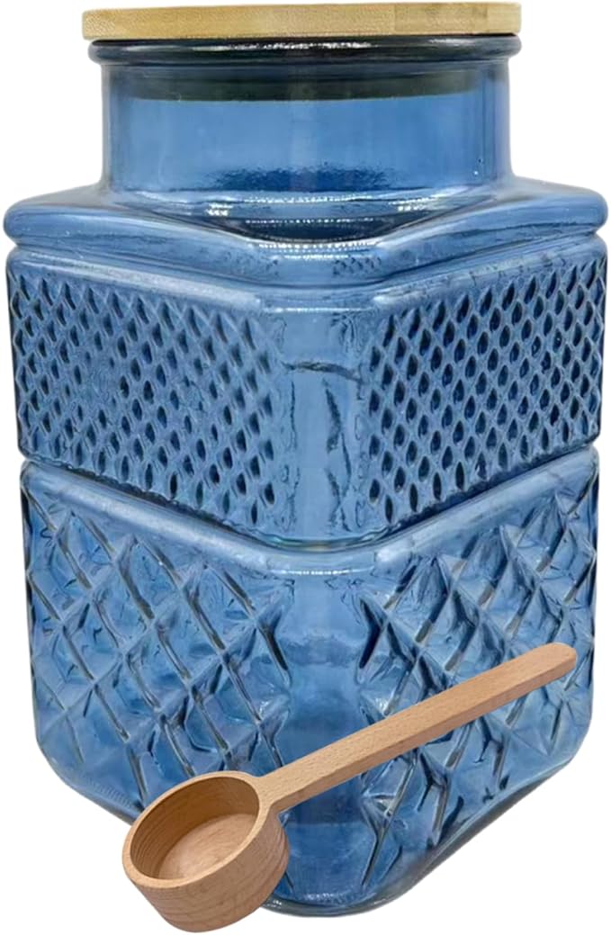 Coriario 60oz Vintage Glass Jar with Airtight Lid and Wood Spoon Blue Square Glass Storage Canisters Jars for Food Candy Flour Sugar Cookie Coffee Tea Decorative Vase