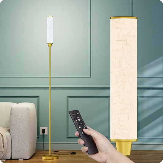 Nukanu Floor Lamp with Remote Control,Floor Lamps for Living Room/Bedroom/Office, Stepless Adjustable 3000K-6000K Colors and 10-100% Brightness,Standing Light with Foot Switch (brassgold+Beige Linen)