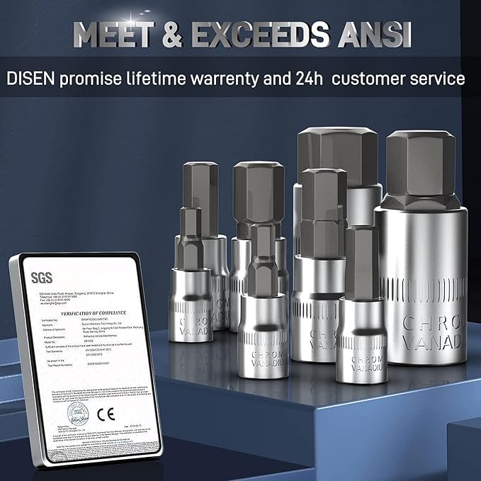 DISEN 32-Piece HEX Bit Socket Set, SAE & Metric Allen Wrench Socket Set with Enhanced Storage Case, Premium Heat Treated Chrome Vanadium Steel & S2 Alloy Steel