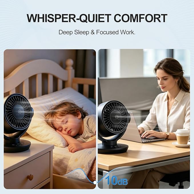 Fan for Bedroom, Table Air Circulator Fan 9 Inch Remote, 90°+120° Auto Oscillation Desk Fan, 10dB Quiet, 6-Speed, Powerful Mode Cordless, Max 12H Timer 8000mAh Battery 40ft Airflow, LED Display