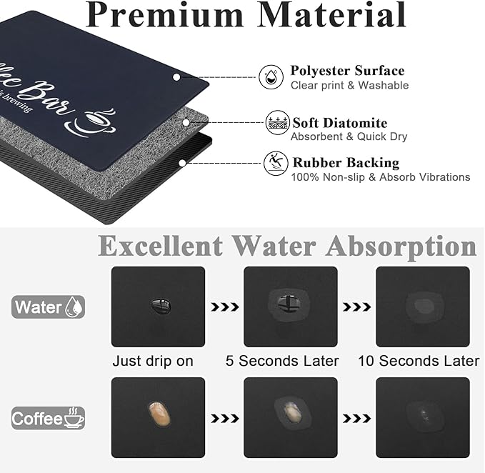 SHACOS Coffee Mat 2-Pack 12x19 Inch Absorbent Non Slip Rubber Bar Accessories Coffee Maker Mat for Countertop Dish Drying Mat Heat Resistant, Black