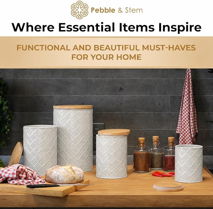 Pebble & Stem® Cream Metal Canister Set for the Kitchen Counter, Food Canister Set of 4, Airtight Lids, Sugar and Flour Containers for Countertops, Coffee and Tea Storage, Farmhouse Decor