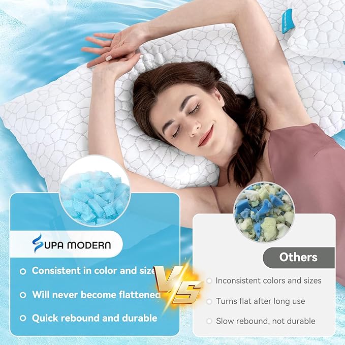 Cooling Pillow Standard Size Set of 2, CertiPUR-US Shredded Memory Foam Pillows, Cool Bed Pillows for Hot Sleepers, Adjustable Firm Pillow for Side,Back,Stomach Sleepers, Better Sleep Gifts for Mom