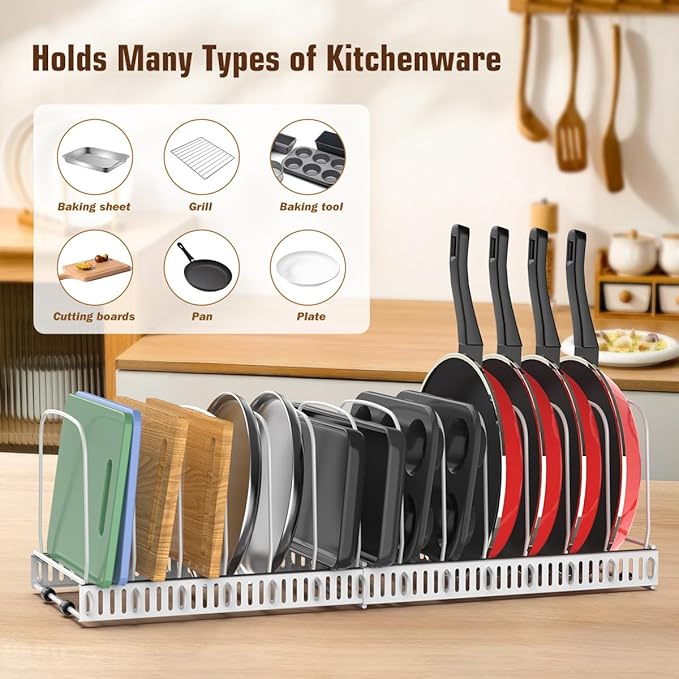 Housolution Cutting Board Organizer Rack, Expandable Baking Tray and Cookie Sheet Organizer with 14 Adjustable Dividers, Bakeware Muffin Tin Cupcake Pan Storage Organizer for Cabinet, White