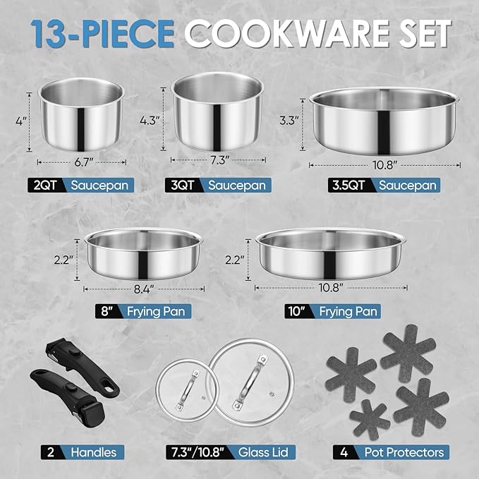 Walchoice 13pcs Stainless Steel Cookware Set, Tri-Ply Pots and Pans Set with Detachable Handles, Cooking Set for RV, Camping, Kitchen, All Stoves Compatible & Dishwasher Safe