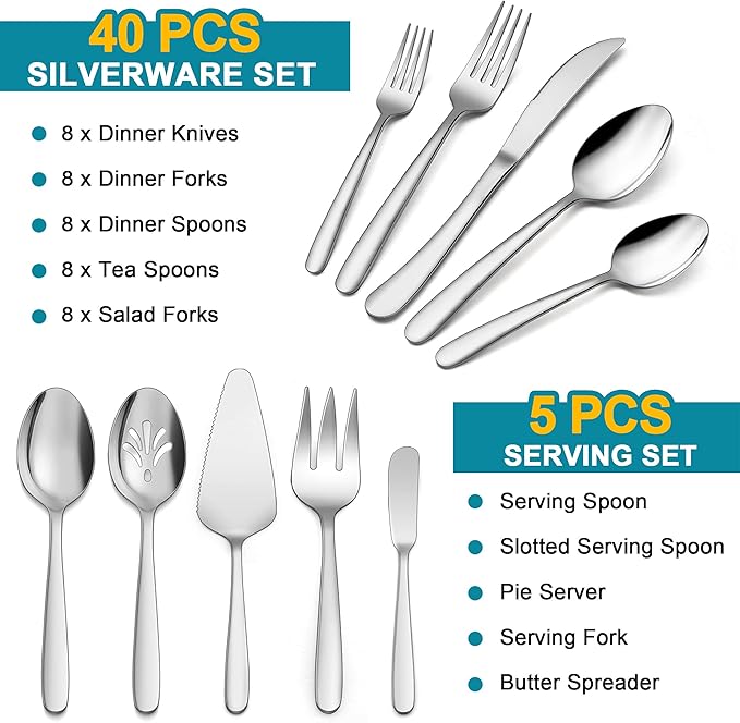 LIANYU 45-Piece Heavy Duty Silverware Set with Serving Utensils, Stainless Steel Flatware Cutlery Set for 8, Eating Utensils Tableware Include Forks Knives Spoons, Mirror Finished, Dishwasher Safe