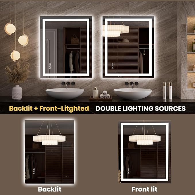 LOAAO 35.4"x29.9" LED Bathroom Mirror with Lights, Anti-Fog, Dimmable, Backlit + Front Lit, Lighted Bathroom Vanity Mirror for Wall, Memory Function, Tempered Glass, Safe to Use, ETL Listed