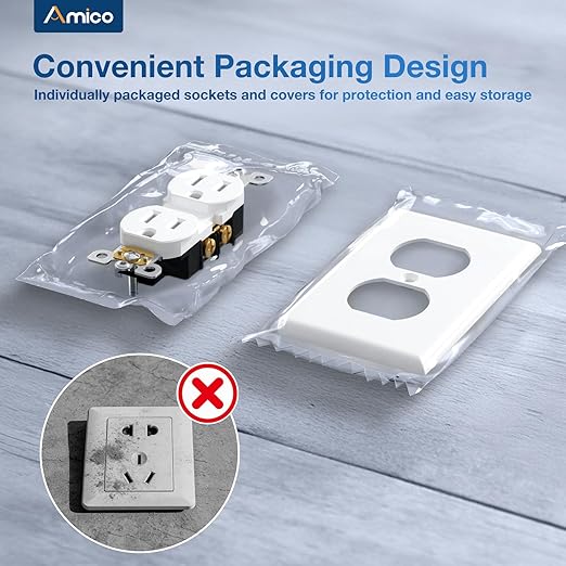 Amico 30 Pack 15 Amp Duplex Outlets with Wall Plates Bundle, UL Listed, Heavy-Duty 2-Pole 3-Wire Tamper Resistant Electrical Outlets Receptacles, Self-Grounding, Suitable for Home and Business, White