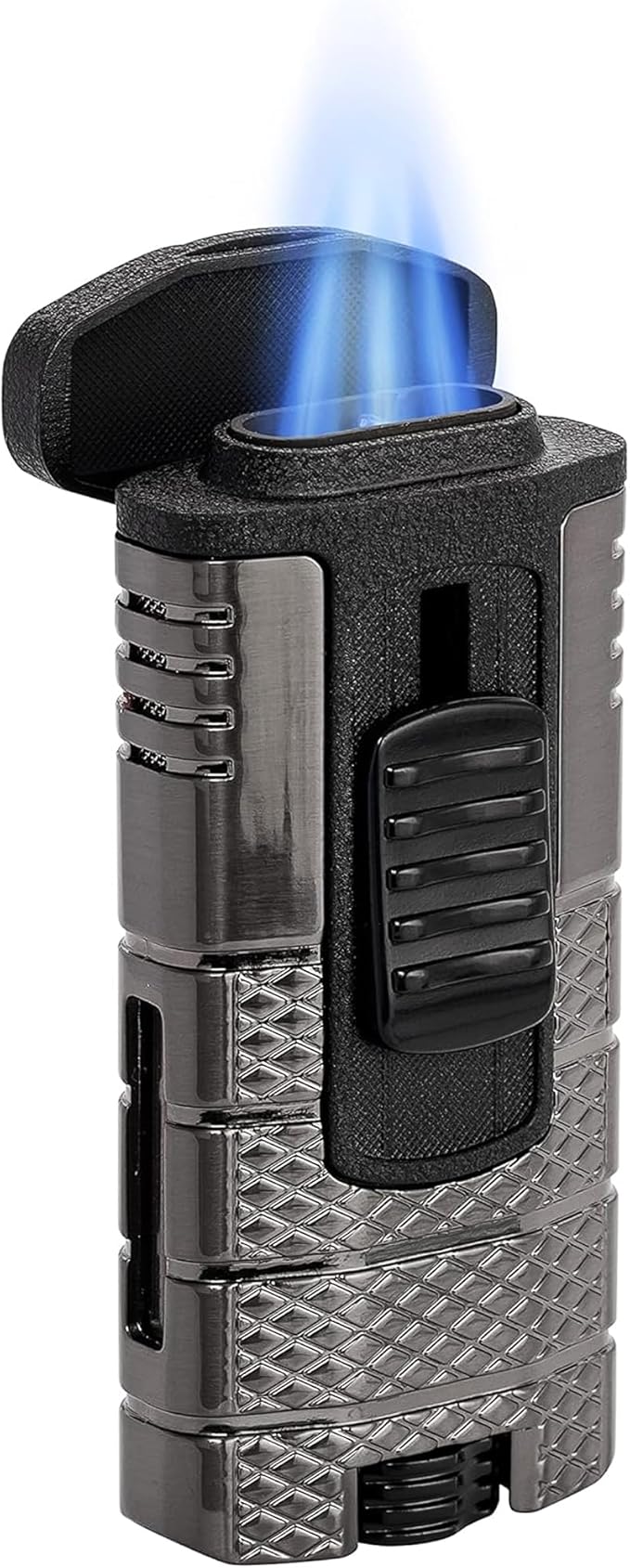 XIKAR Tactical Triple-Jet Lighter, Gunmetal and Black | Powerful Jet Flame for Cigars with Pocket Clip, EZ-View Fuel Window, Adjustable Flame Height & Pull Down Ignition Trigger, Ideal for Outdoor Use