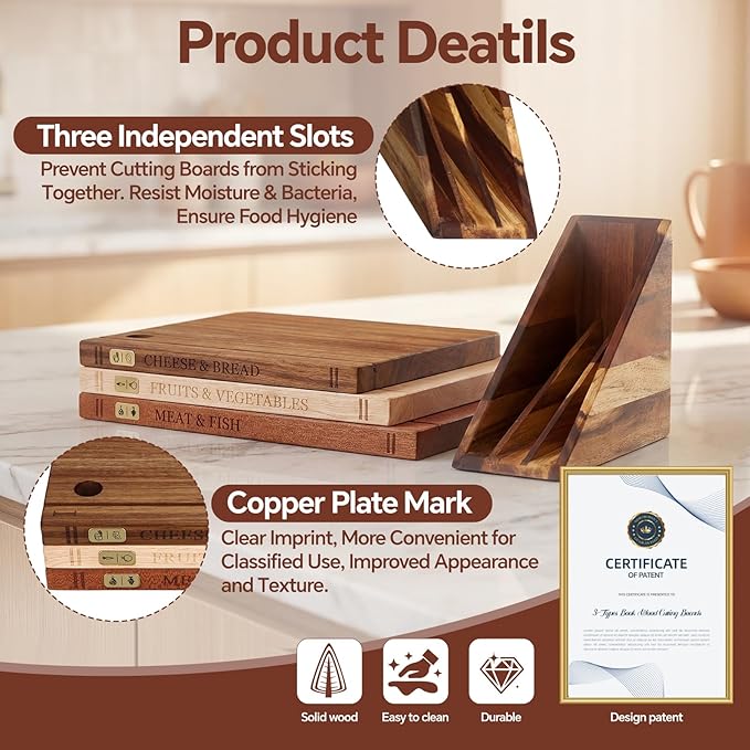 Book Cutting Board Set with Separated Stand, 3 Piece [Acacia/Ebony/Rubber] Wood Cutting Boards That Look Like Books for Kitchen Decor, Reversible Thick Chopping Board with Brass Food Labels