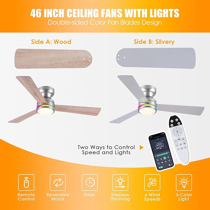 Asyko 46" Silver RGB Ceiling Fans Light,Low Profile Ceiling Fans with Lights and Remote,Modern Flush Mount Ceiling Fan Light with Quiet Reversible DC Motor for Bedroom Kids Room,Party