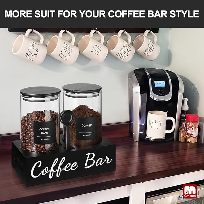 gmisun Coffee Container, 2 Pcs 50 Fl oz Airtight Bean Storage Canister, Black Glass Ground Coffee and Sugar Jar Set with Scoop/Shelf/Labels, Sugar/Tea Holder Containers for Cafe Bar Countertop