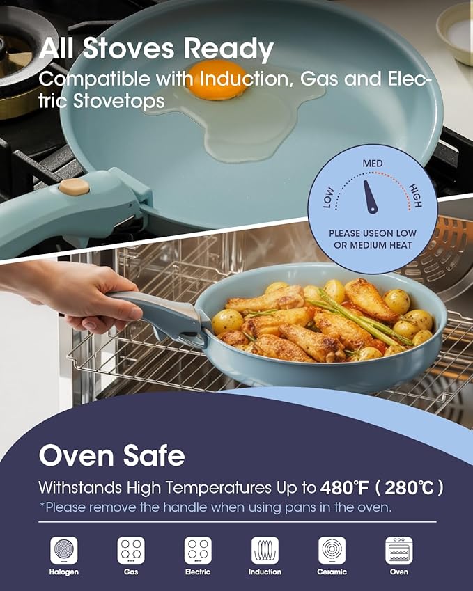 Ceramic Cookware Set, Detachable Handle Pots and Pans Non Stick, 12-Piece Camping Cooking Set Nonstick with Storage Bag, Anti-Scratch Pads, PFOA Free, RV Camping Essentials