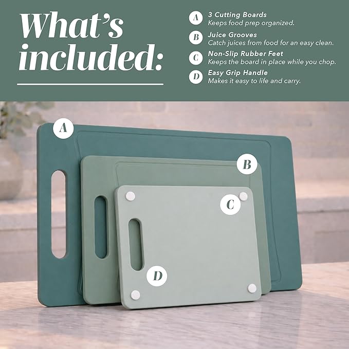 COOK WITH COLOR Non-Slip Cutting Board Set – Kitchen Essentials with Easy Grip Handle for Meat, Veggies, and Fruits, 3 Cutting Boards, Mint