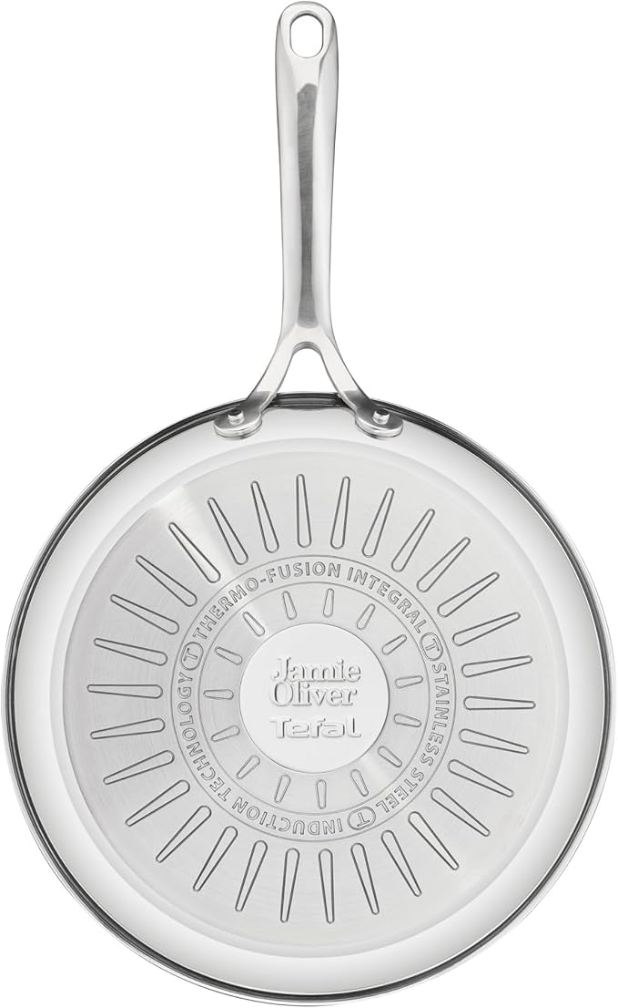 Jamie Oliver by T-fal Cook Smart 10-Piece Cookware Set, Uncoated Stainless Steel, Robust, Fast Heating, Even Cooking, Riveted Handle, Induction safe, Oven and dishwasher safe
