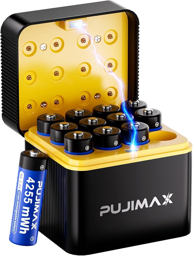 PUJIAMX Rechargeable AA Batteries Lithium 4255mWh with Charger–High Capacity 1.5V Double a Batteries,2000+ Cycle aa Battery Cells for Remote Controls,Game Controllers,Toys,Flashlights,12-Pack
