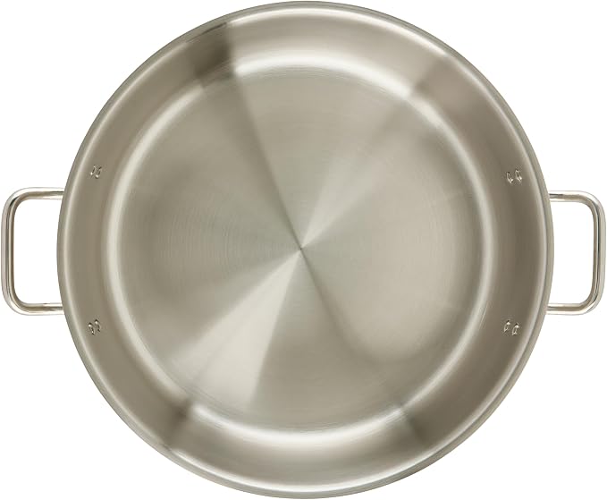 Winco 20 qt Stainless Steel Brazier Pan with Lid | Flat bottom, Wide base, Riveted handles, Induction safe, Great for Braising, Simmering, Batch Cooking and Restaurant Kitchens