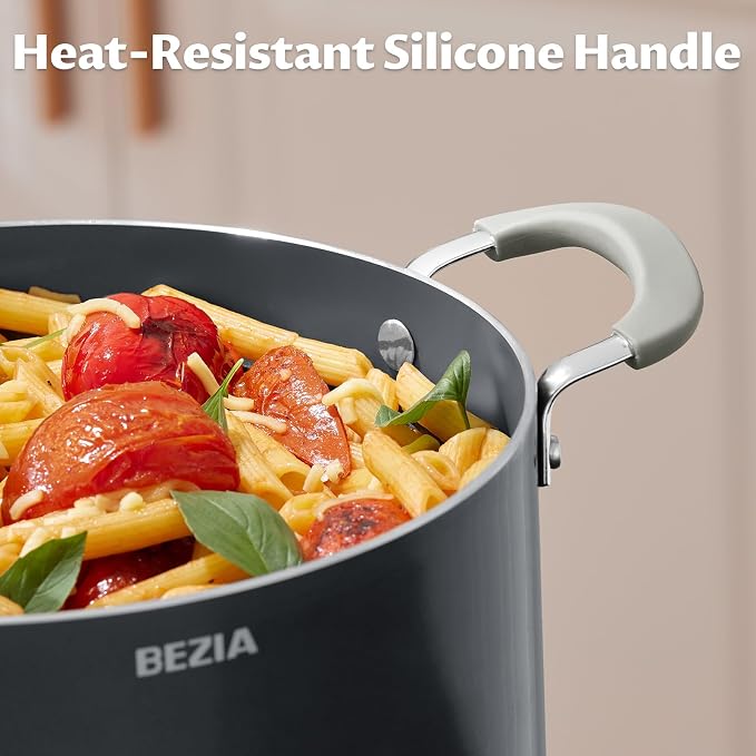 BEZIA 12QT Non Stick Stock Pot with Lid, Ceramic Big Cooking Pot for Soup | Stay-Cool Silicone Handles, Oven Safe & Easy Cleanup, for All Stovetops, for Large Gatherings, Gift Giving & Batch Cooking