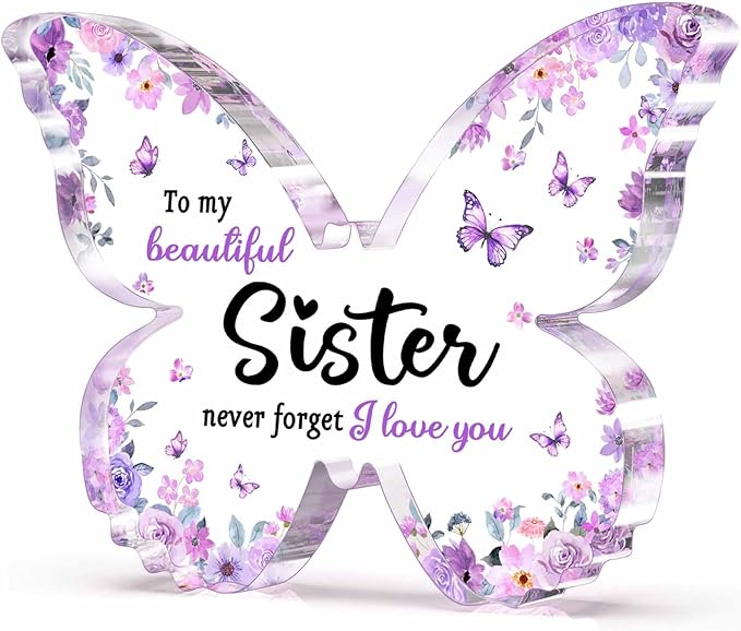 Gifts for Sister, Sister Birthday Gifts, Unique Purple Butterfly Acrylic Plaque Desk Decor, Mothers Day Valentines Christmas Rakhi Gift for Sisters Adult Graduation - 5 x 3.8 x 0.5 inches