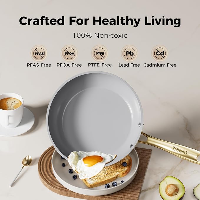 Sanho Ceramic NonStick Frying Pan, 10 Inch Frying Pans Skillet, Non Stick Egg Pans with Cool Touch PVD Handle for Induction, Dishwasher & Oven Safe, PTFE & PFOA Free, Non Toxic for Healthy Cooking