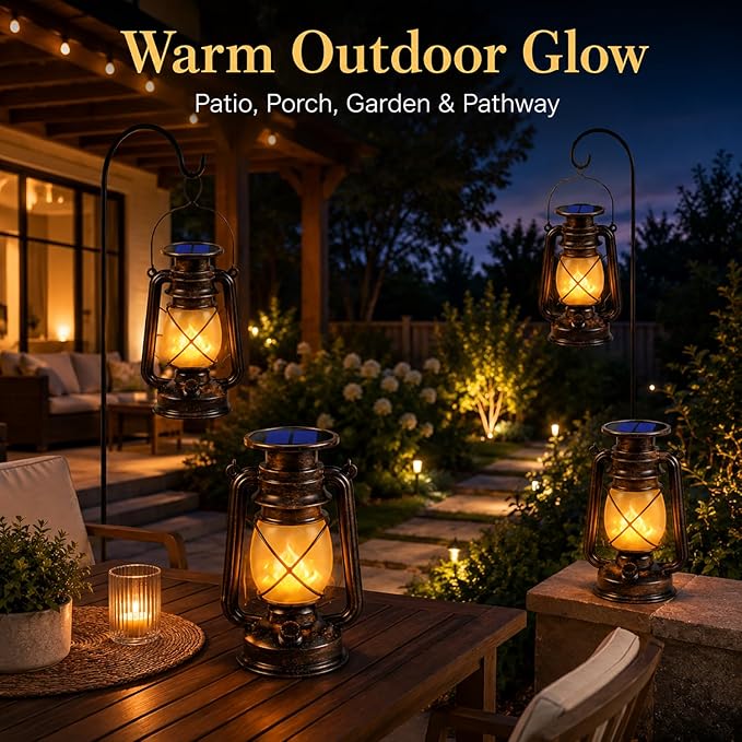 Solar Lanterns Outdoor 4 Pack, Flickering Flame LED Hanging Solar Lights with Handle, Vintage Bronze Solar Powered Lanterns for Patio Porch Garden Yard Pathway Table Camping Halloween Christmas Decor