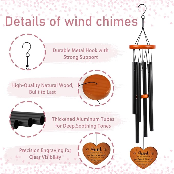 Aunt Gifts Wind Chimes for Outside - Metal Windchime with Wooden Pendant, Greeting Card & Black Box - Unique Birthday for Auntie from Niece Nephew, Garden Hanging Decor